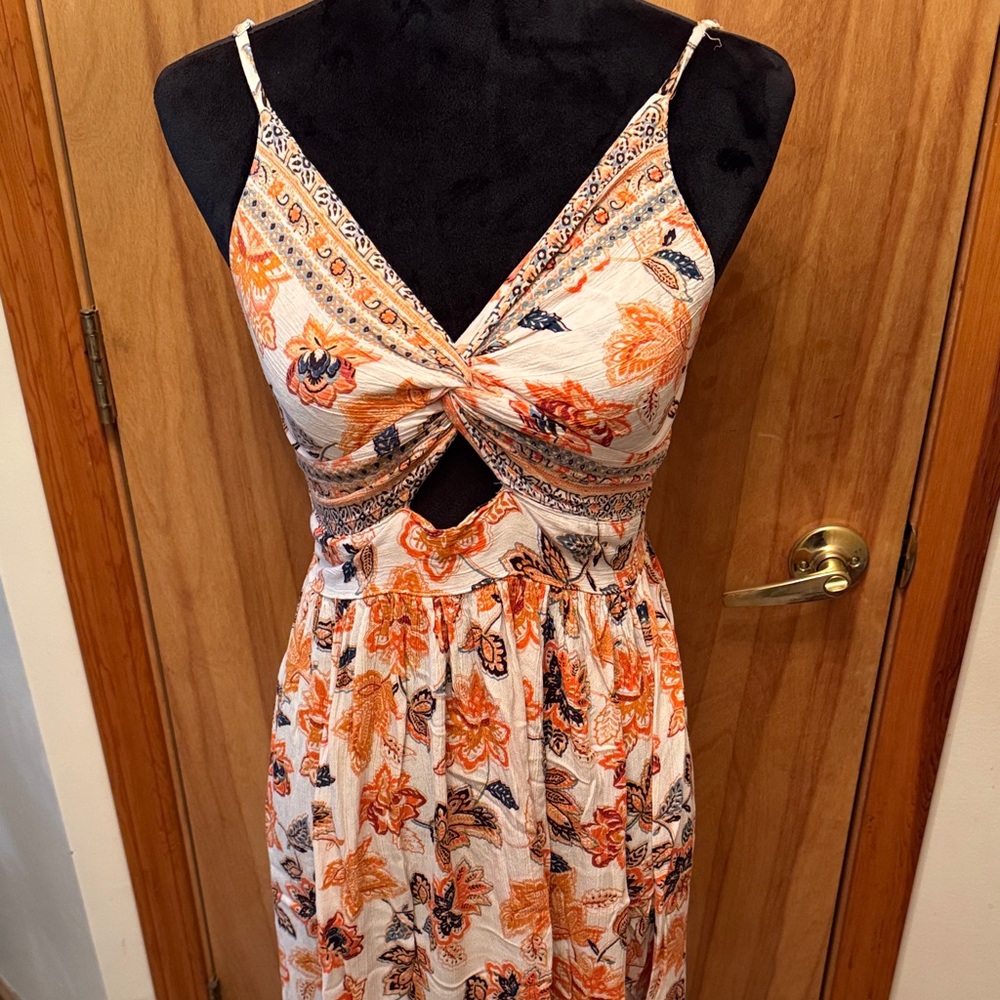 Angie White and Orange Floral Twist-Front Maxi Dress